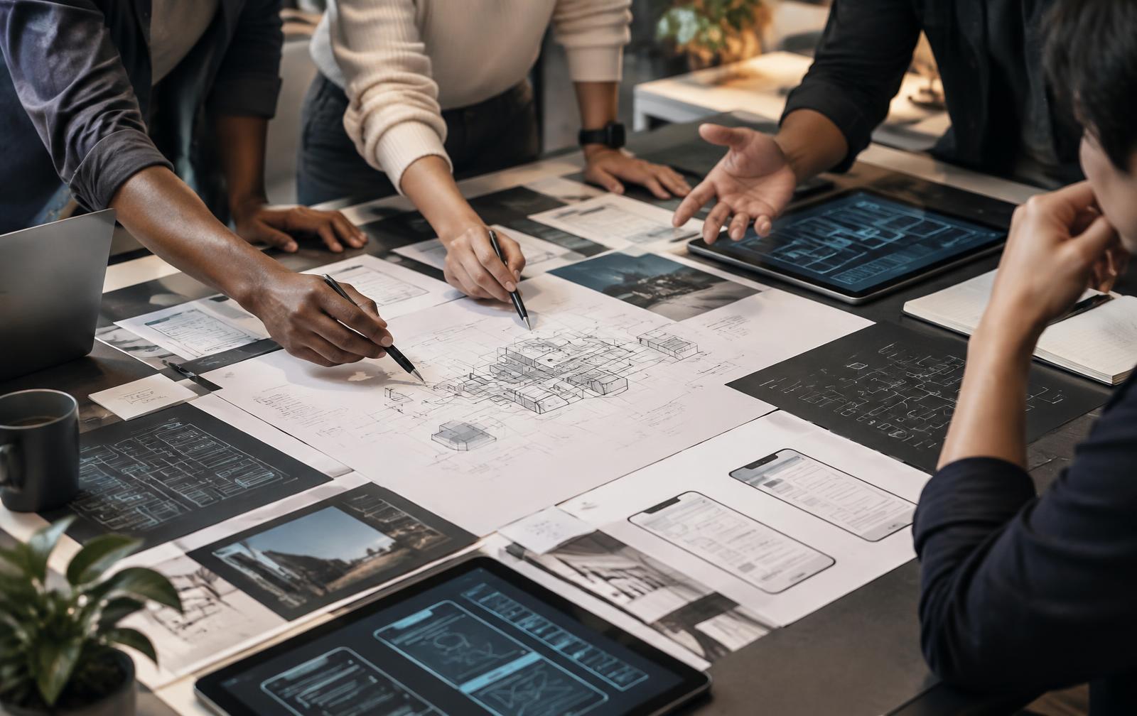 Conceptual scene of technology professionals collaborating around diagrams, not LOR GmbH staff