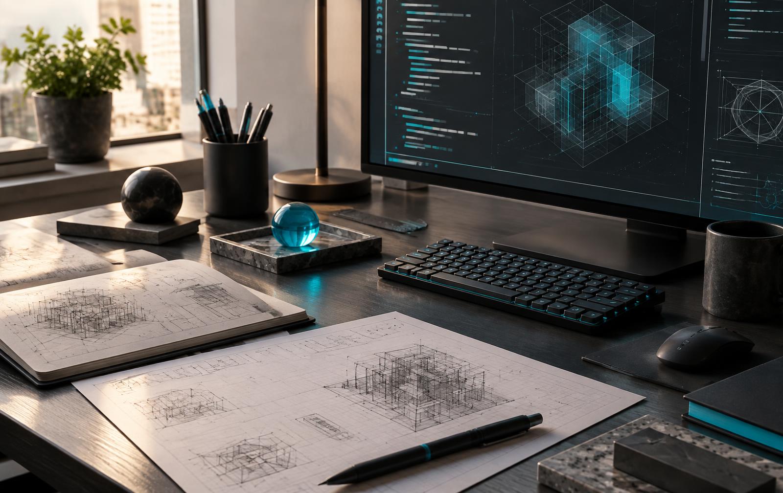 Conceptual software engineering workspace with architecture sketches and abstract screen graphics