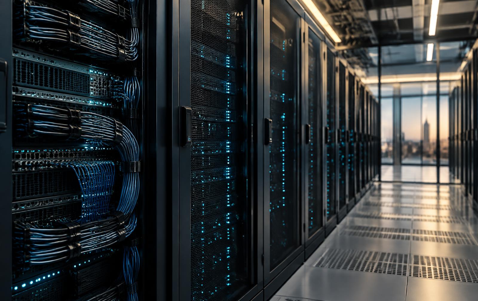 Conceptual data infrastructure with ordered server racks and cyan status lights